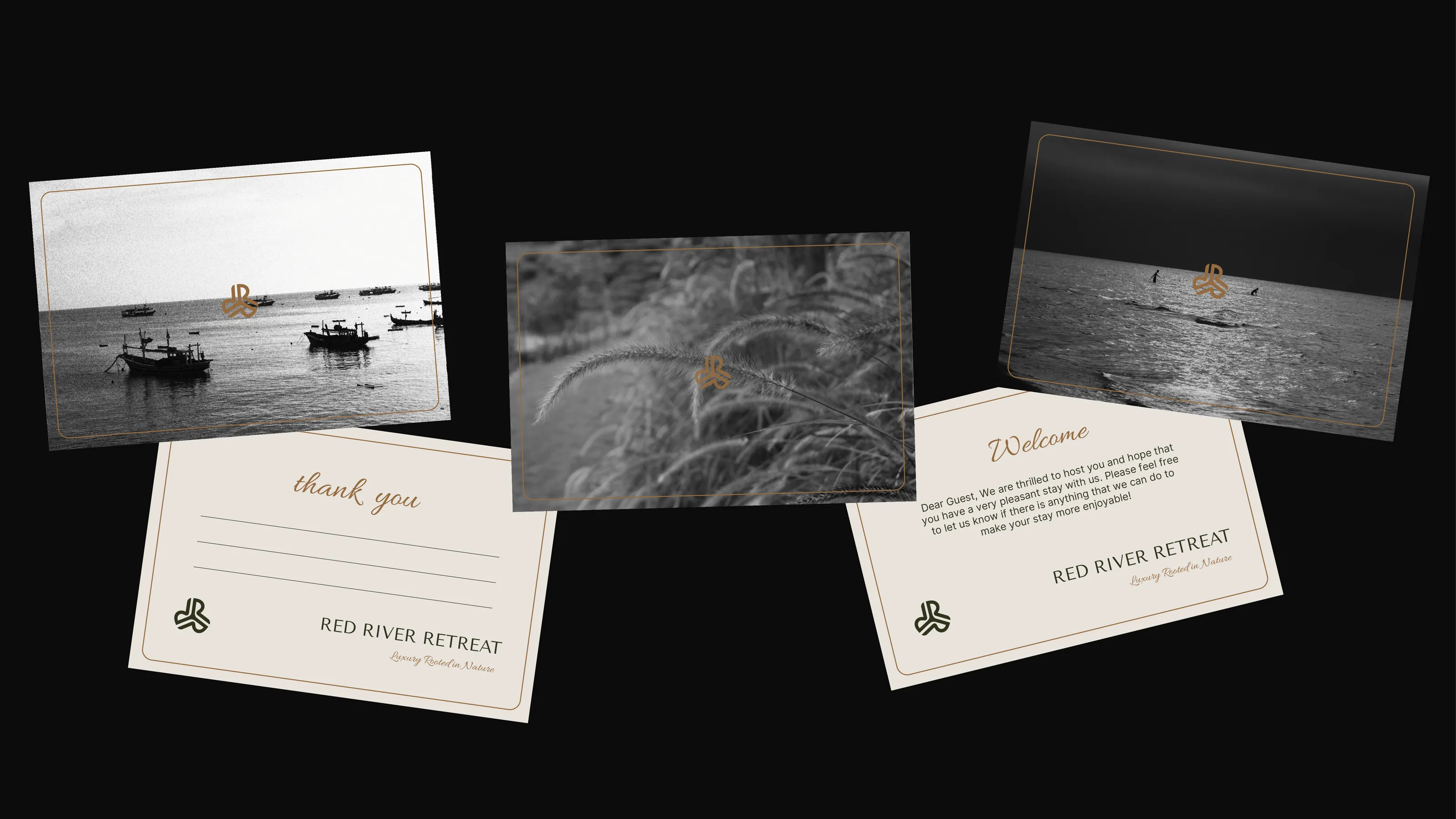Guest welcome and thank-you cards featuring monochrome landscape photography